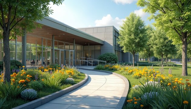 Modern healthcare building with glass walls and ramp access. Lush green lawn, colorful flower beds, and trees surround the accessible entrance. Welcoming patient facility design.