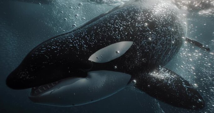 Close-up of an orca whale swimming underwater with sunlight filtering through the water surface.