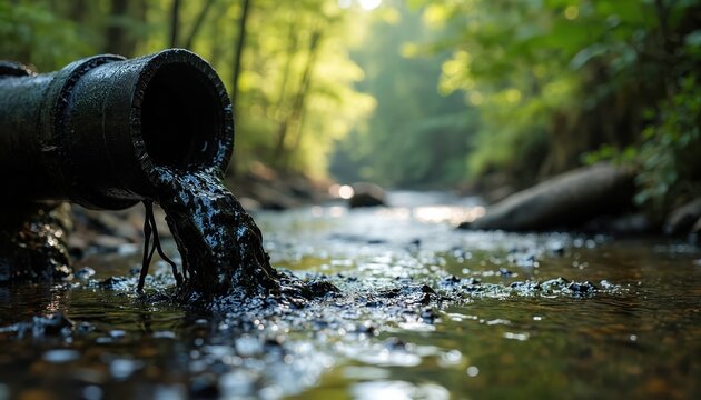 Pipe pours thick black sludge into clear forest stream. Water pollution poisons nature. Environmental damage harms wildlife and ecosystem. Need for clean water.