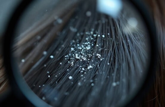 Magnified view of hair strands showing visible white dandruff flakes. Close-up examination of scalp condition and hair hygiene problems. Visual representation of hair care issues.