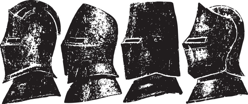Medieval knight helmets vintage illustrations four side views of aged armored helmets with visors
