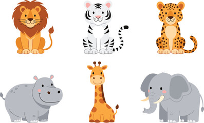 Obraz premium Cartoon Animal Set Featuring Lion, Tiger, Leopard, Giraffe, Elephant, and Hippo for Kids' Educational and Fun Designs