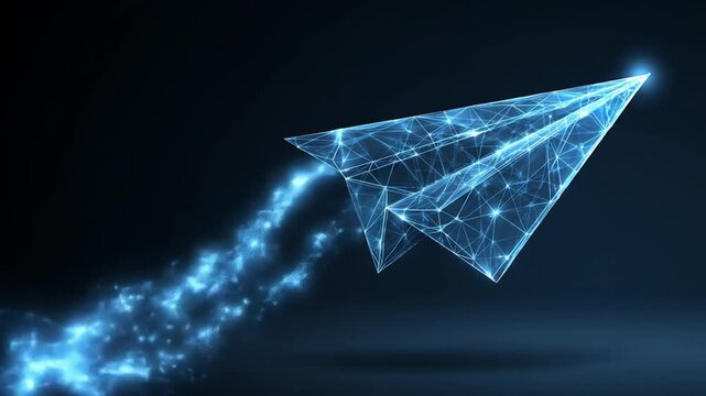 Abstract digital paper airplane soaring through dark space with bright trails