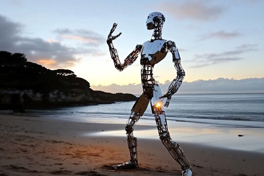 A Monumental Cyborg Dancing Rhythmic Moves on Golden Sand During a Vibrant Sunset at the Seaside