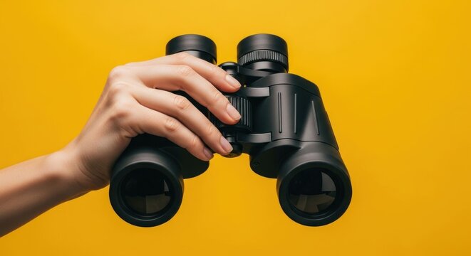 Hand holding black binoculars against a vibrant yellow background 1.