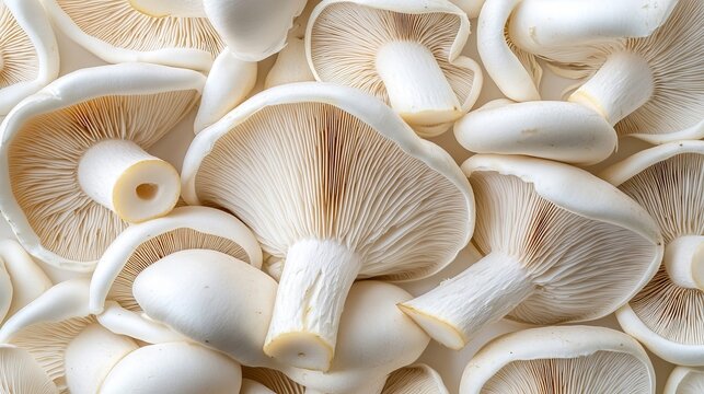 Artistic Flat Lay of White Mushrooms, Highlighting Textured Caps and Gills with Natural Details