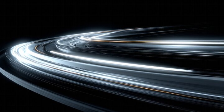 Smooth, futuristic light trails curve across a dark background.