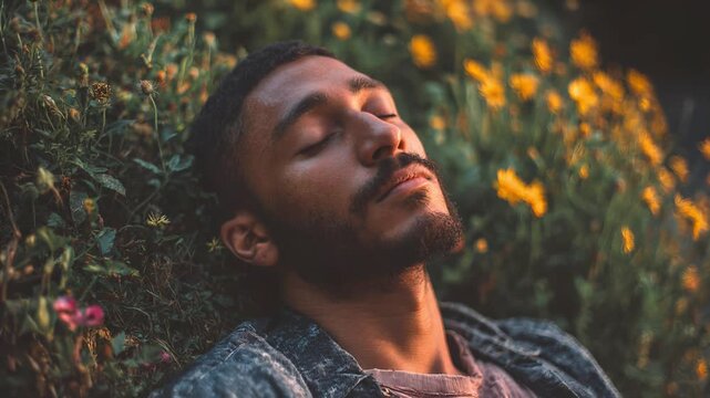 Man resting in field of yellow flower. Calm individual relaxing amongst plants at dusk. Serene portrait of male enjoying nature and peace in outdoor environment.