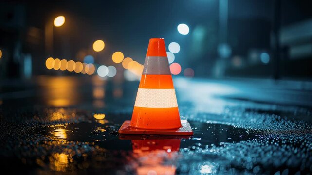 Close-up of orange traffic cone on wet street with blurred city lights at night safety and caution concept