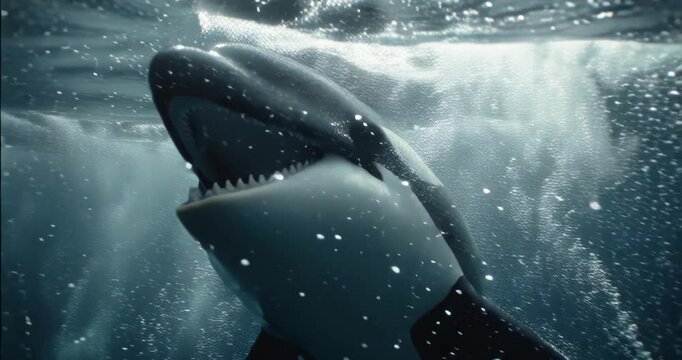 Close-up of a great white shark swimming underwater with open mouth.