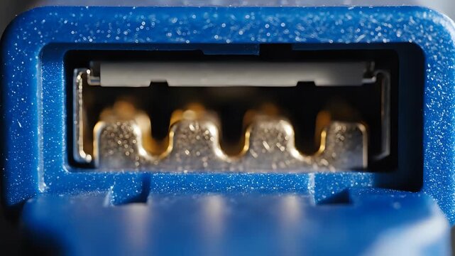 Close up extreme macro shot of a blue USB 30 port connector.