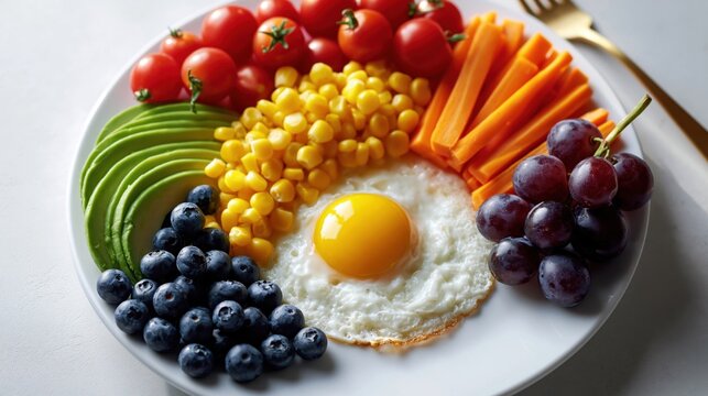 Healthy rainbow breakfast plate with fried egg vegetables and fruits