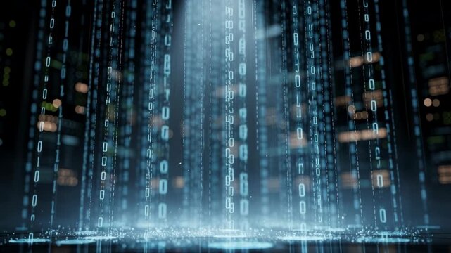 Digital binary code streams futuristic technology background with glowing data and abstract cyber elements