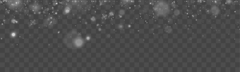 Fototapeta premium Snowflakes drifting softly on transparent winter background. Subtle glow adds depth and mood. Ideal seasonal decorative element.