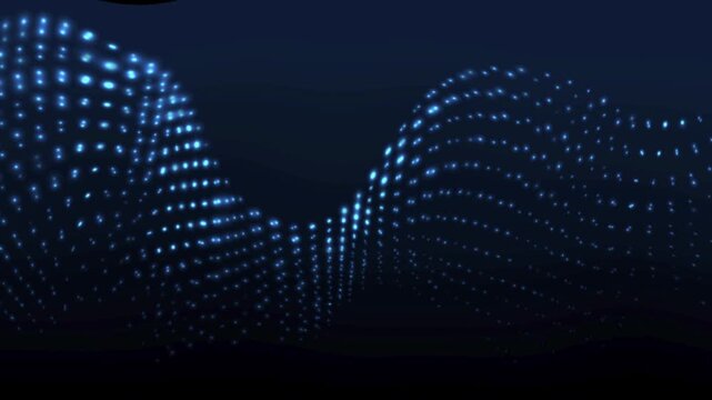 Digital mesh of glowing blue dots moving in a fluid wave pattern against a dark background to visualize big data and artificial intelligence neural networks.