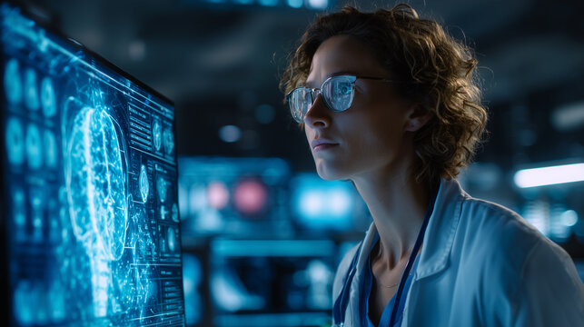 Doctor analyzing AI diagnostic imaging in modern lab.