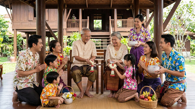   Thai Family Traditions on Songkran in Thailand.
