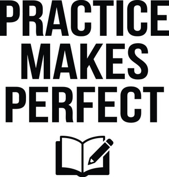 Practice makes perfect typography with book icon for English learning concept