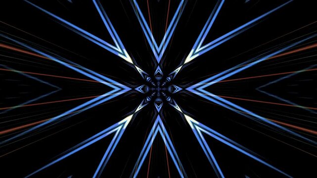 Futuristic kaleidoscope of blue light beams forming a symmetrical star pattern in a motion graphic tunnel for high tech stage visuals and electronic music backgrounds.