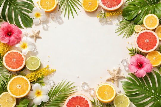 Freschezza tropicale: cornice estiva con agrumi, fiori e foglie esotiche. Generative AI 