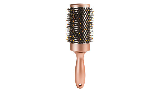 Rose gold barrel hairbrush with bristles, isolated on transparent background