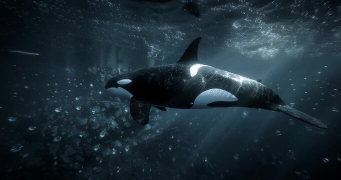 Underwater image of a solitary orca whale swimming in deep ocean water.