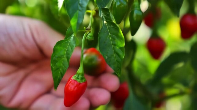 hand picking red chili peppers from plant