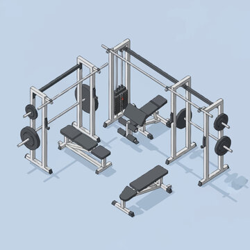 Isometric illustration of gym equipment setup.