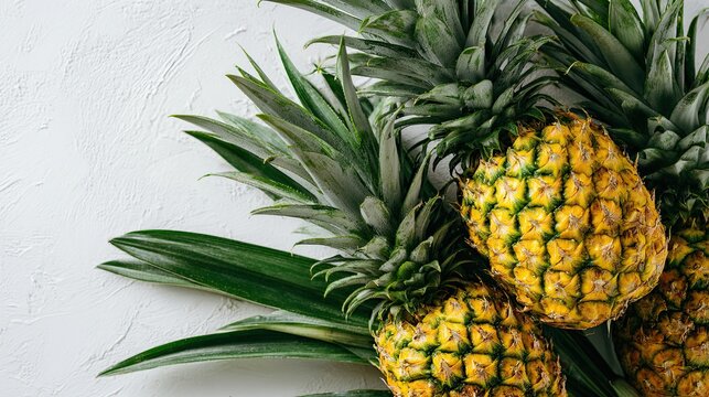 Close-up of tropical pineapples with green leaves on a white background