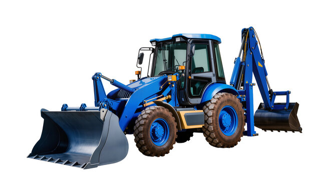Blue backhoe loader with front loader and rear excavator bucket, isolated on transparent background