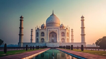 Obraz premium Majestic View of the Taj Mahal at Sunrise, Reflecting in the Tranquil Waters of the River, Agra.