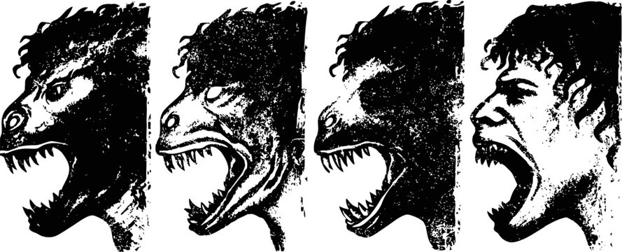 Sequential transformation from monstrous animal to human face, ink sketch of evolving creature heads