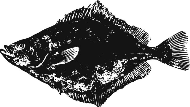 Vintage black and white illustration of a flatfish with detailed scales and fins
