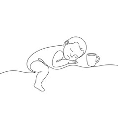 Obraz premium Baby sleeping next to coffee cup. Continuous line art illustration of parenthood. Minimalist vector graphic