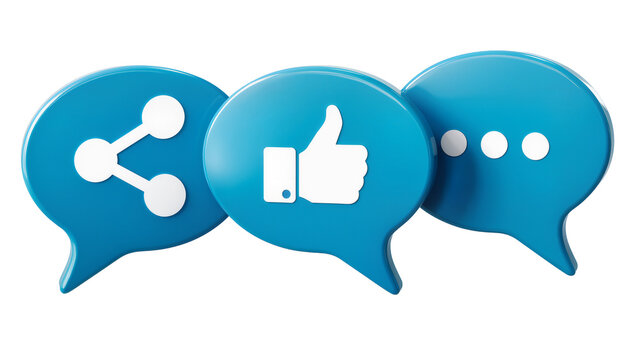 Blue speech bubbles with share like and chat icons, isolated on transparent background