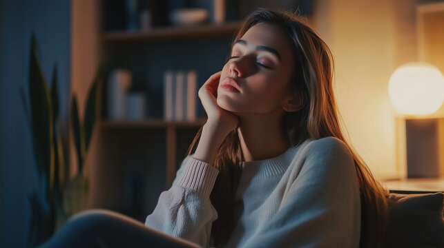 National Stuttering Awareness Week: A young adult woman sitting in a quiet modern speech therapy office, practicing soft voice onset exercises with her eyes gently closed