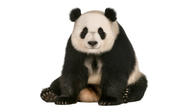 Fluffy giant panda bear sitting, isolated on transparent background