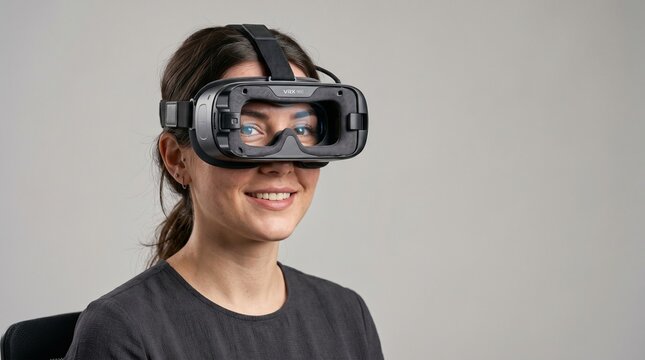 Ultra-realistic portrait of a person wearing a virtual reality headset isolated on neutral background, soft studio lighting, clean composition with copy space, sharp focus