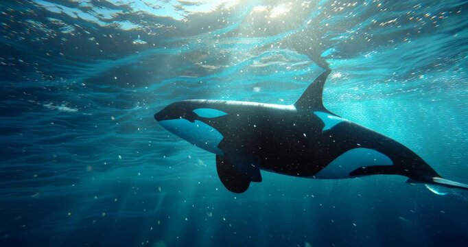 Underwater view of a mother orca whale swimming with her calf in the ocean.