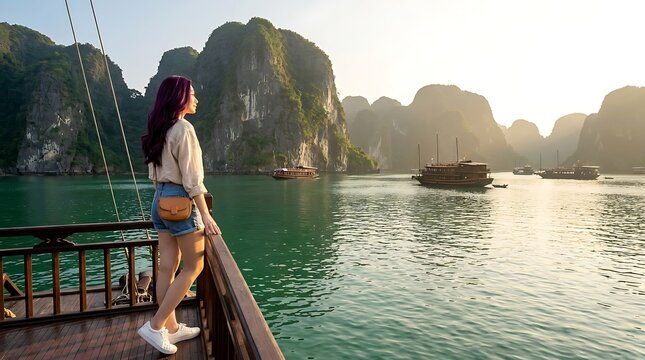 A young woman enjoying a scenic boat trip through a beautiful bay with towering limestone karsts under a bright sky.