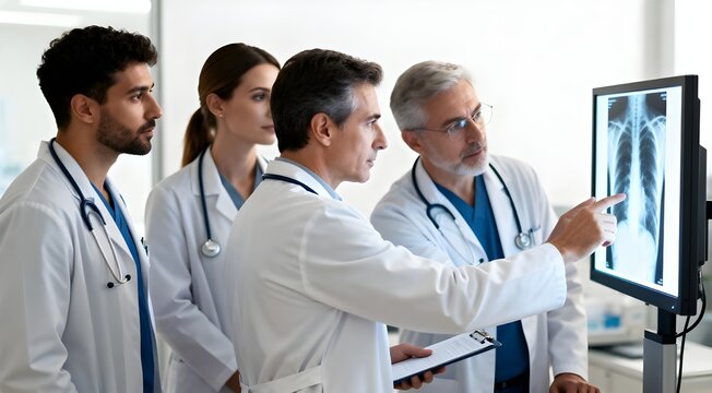 Doctors analyzing chest x-ray on vertical medical monitor