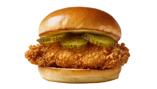 Crispy fried chicken sandwich with pickles, isolated on transparent background