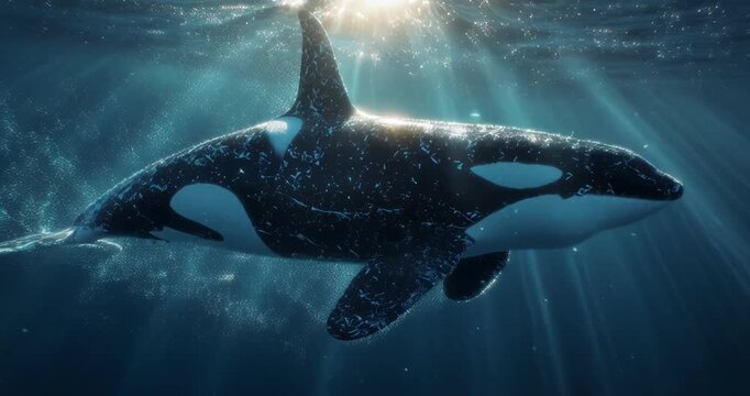 Orca whale swimming underwater with sunlight rays penetrating the ocean surface.
