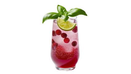Tall glass of pink berry cocktail with lime and basil, isolated on transparent background © PROSTOCK