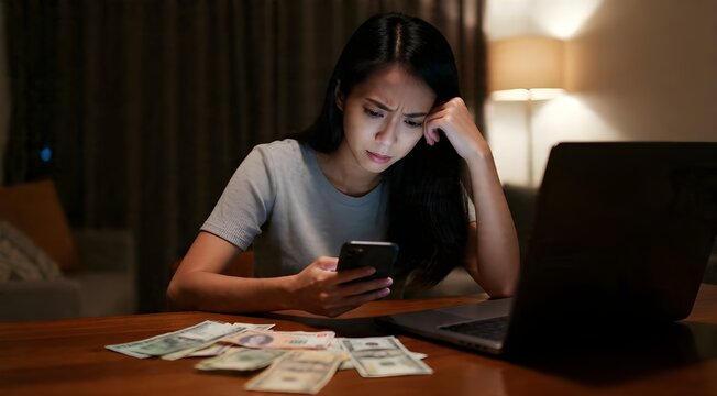 Stressed woman checking finances on phone at night