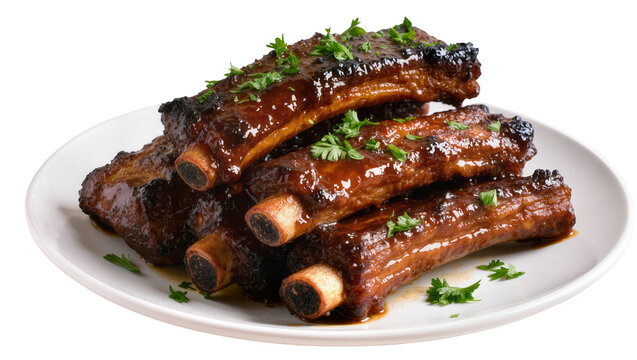 Barbecued pork ribs with parsley garnish, isolated on transparent background
