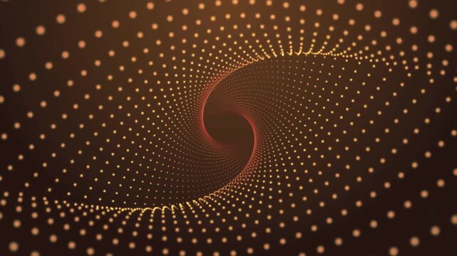 Orange particle dots forming a rotating spiral tunnel that draws the eye into a central vortex to represent deep space travel and cosmic mathematical geometry.