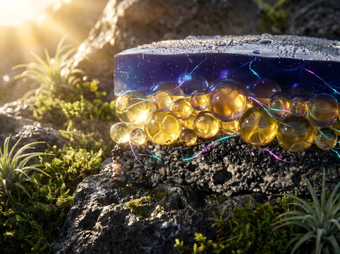 A Hyper-Photorealistic Extreme Macro Photograph of an Intricate Molecular Gastronomy Gel and Spherification Structure on a Raw Volcanic Rock with Golden Hour Light, No Text