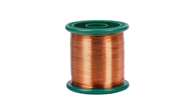 Copper wire spool with green plastic flanges, isolated on transparent background
