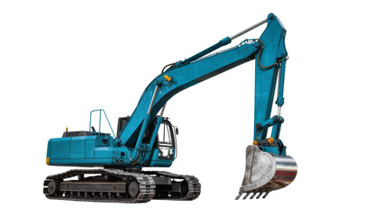 Turquoise excavator with metal bucket, isolated on transparent background © PROSTOCK